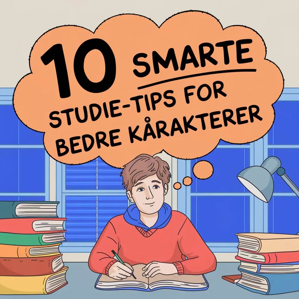 Illustrasjon med tittelen "10 smarte studietips for bedre karakterer". Det inkluderer en tegning av en lyspære over hodet på en person, symboliserende gode ideer eller innsikt, omgitt av notatbøker, bøker og andre studieverktøy.
